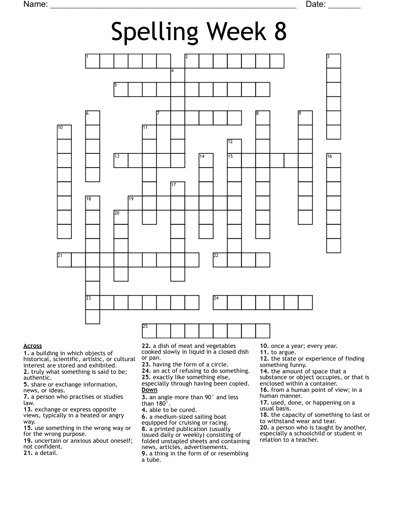 Spelling Week 8 Crossword