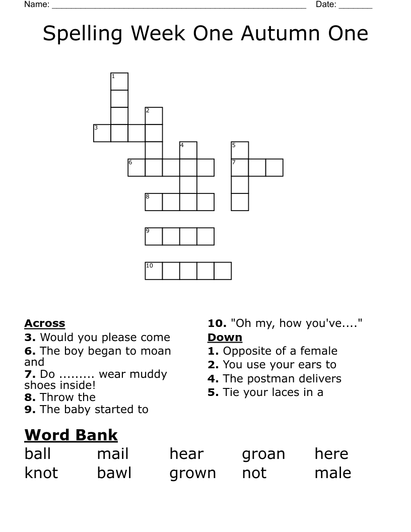 Spelling Week One Autumn One Crossword