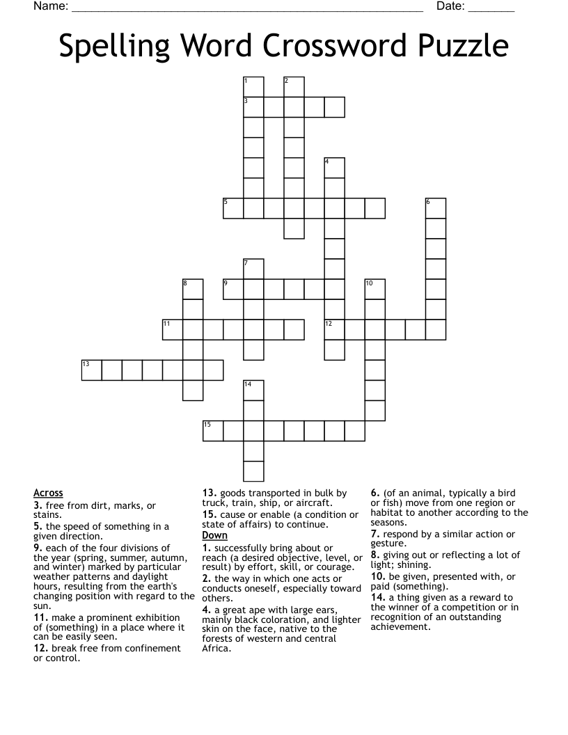 Spelling Word Crossword Puzzle