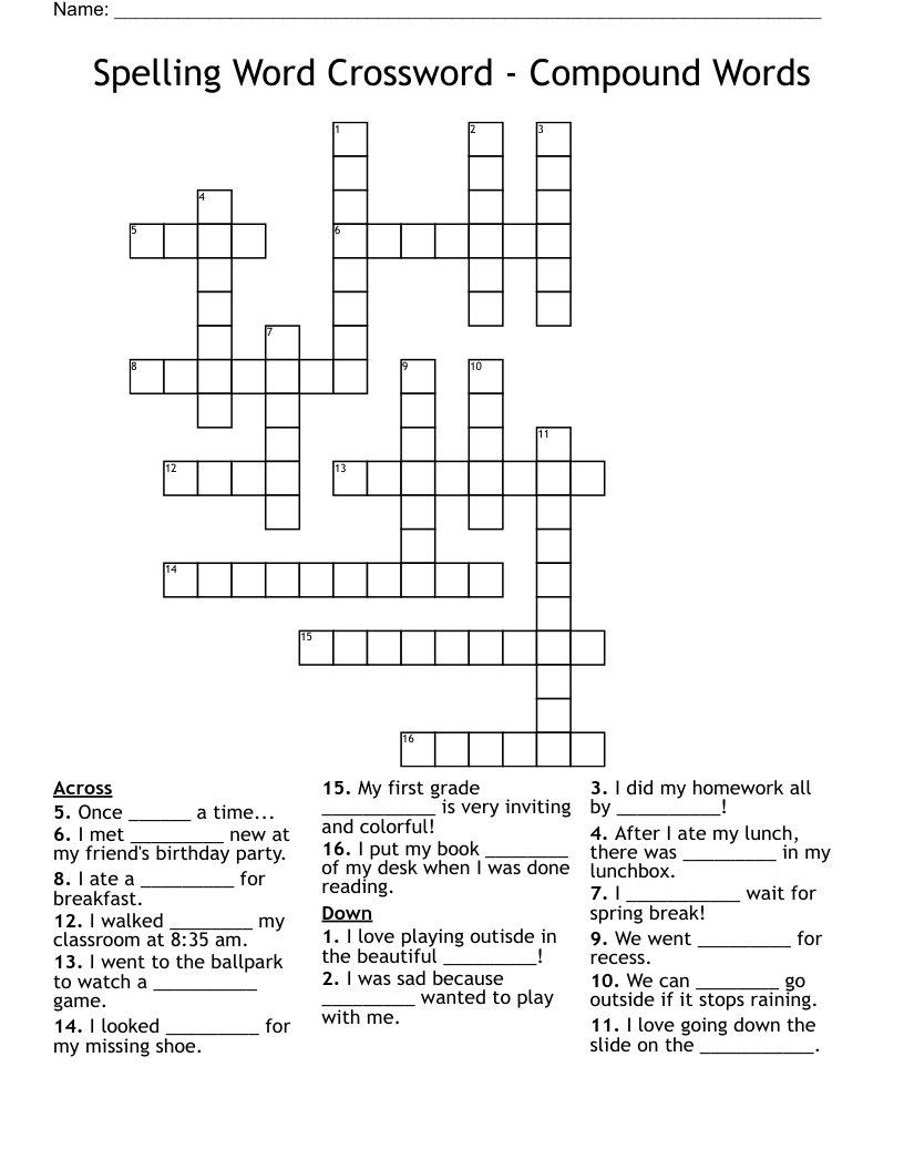 Spelling Word Crossword - Compound Words