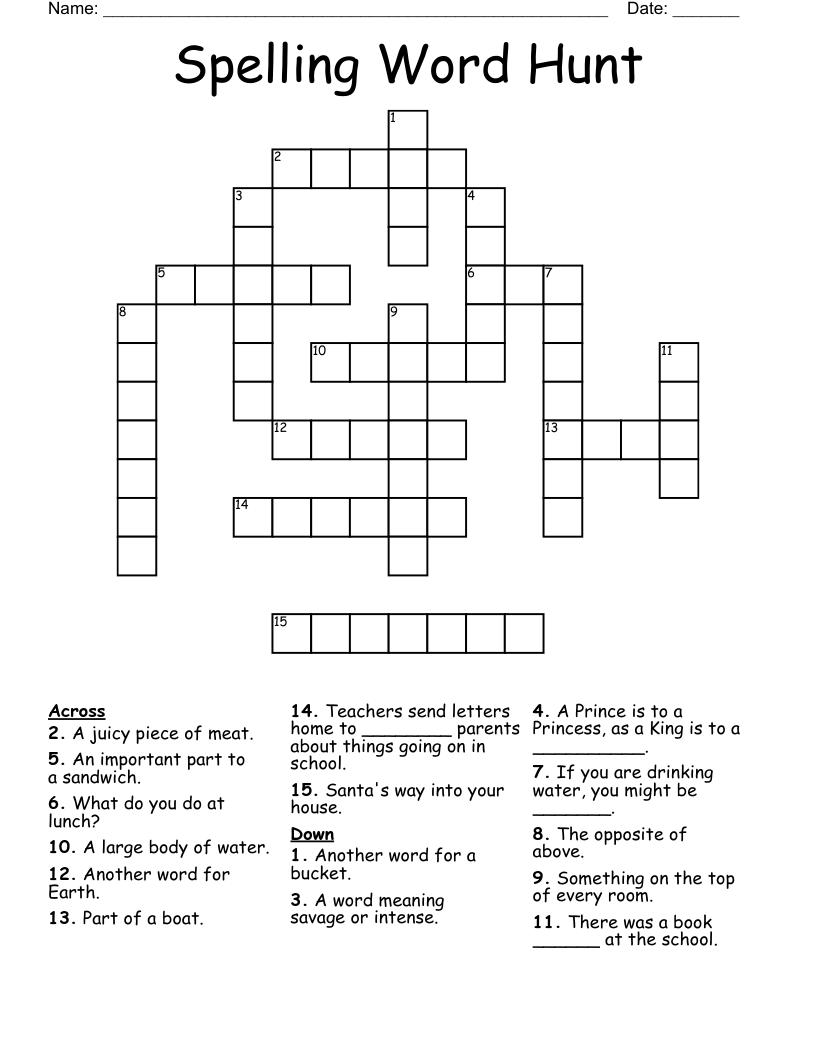 Spelling Word Hunt Crossword