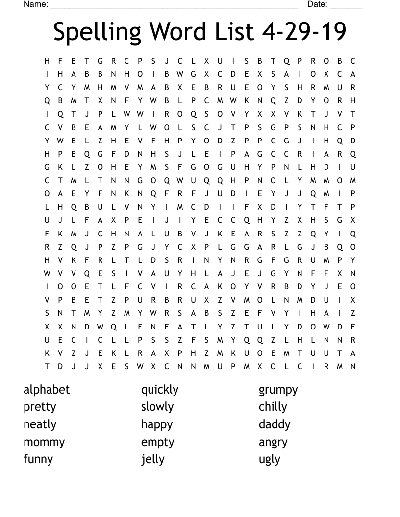 Spelling Word List 4-29-19 Word Search