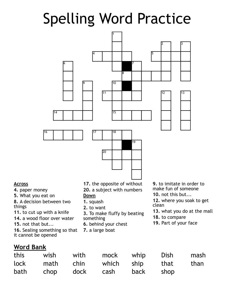 Spelling Word Practice Crossword