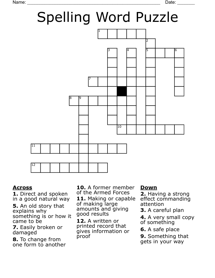 Spelling Word Puzzle Crossword