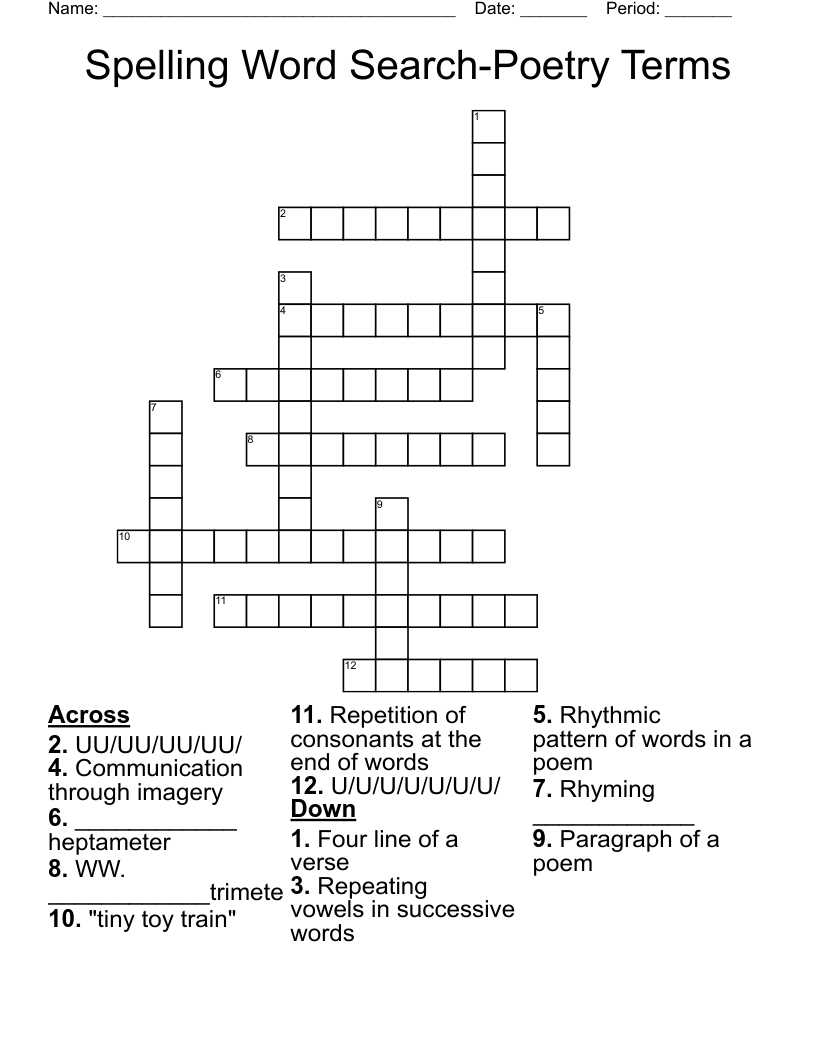 Spelling Word Search-Poetry Terms Crossword