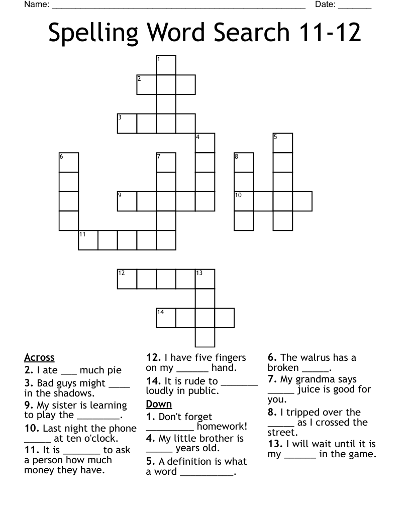 Spelling Word Search 11-12 Crossword