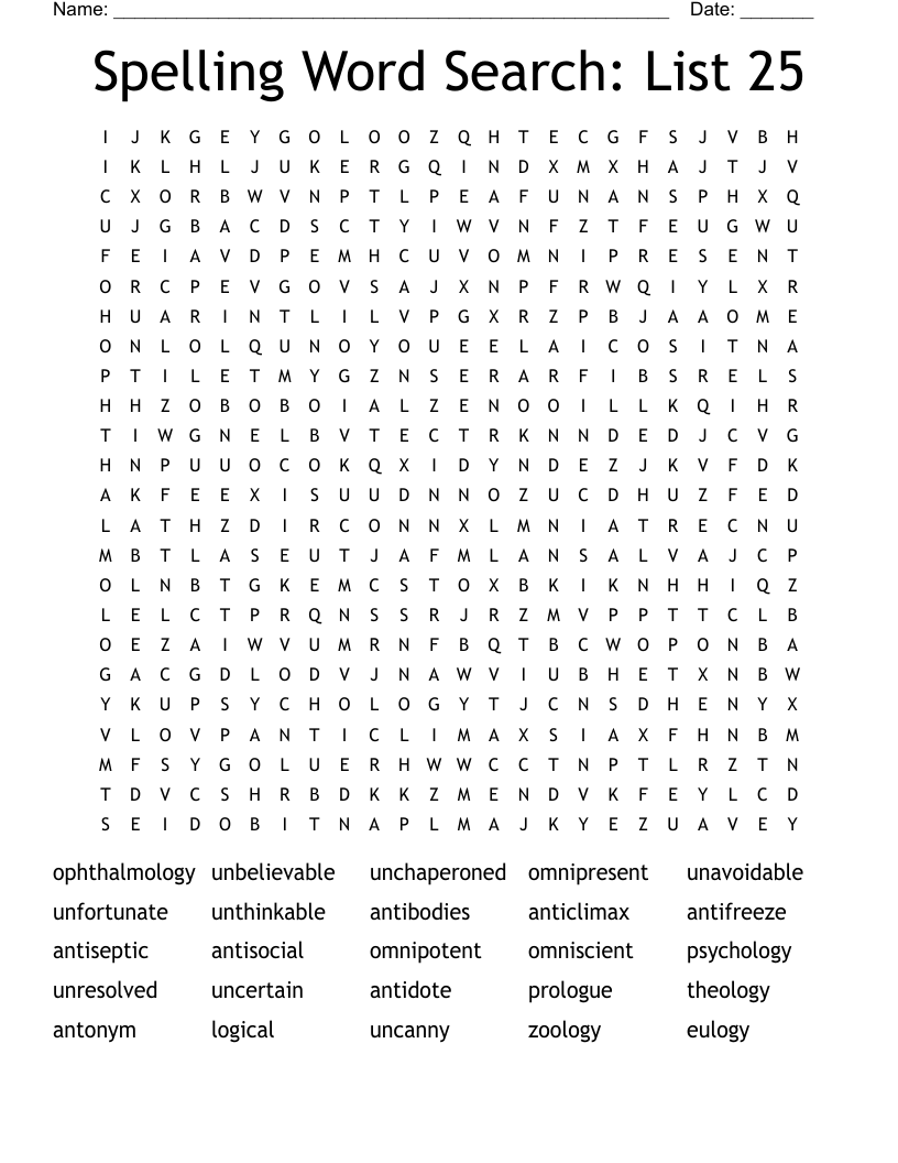 Spelling Word Search: List 25