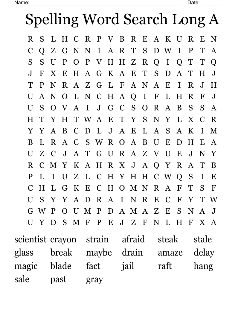 Spelling Word Search Long A