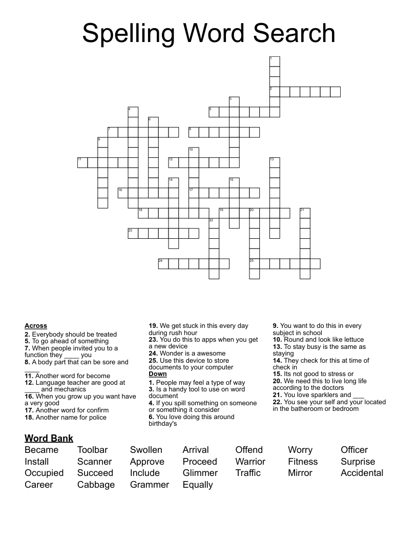 Spelling Word Search  Crossword