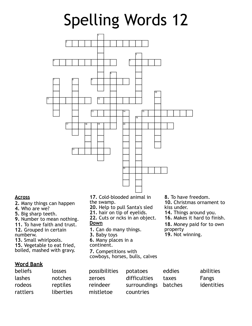 Spelling Words 12 Crossword
