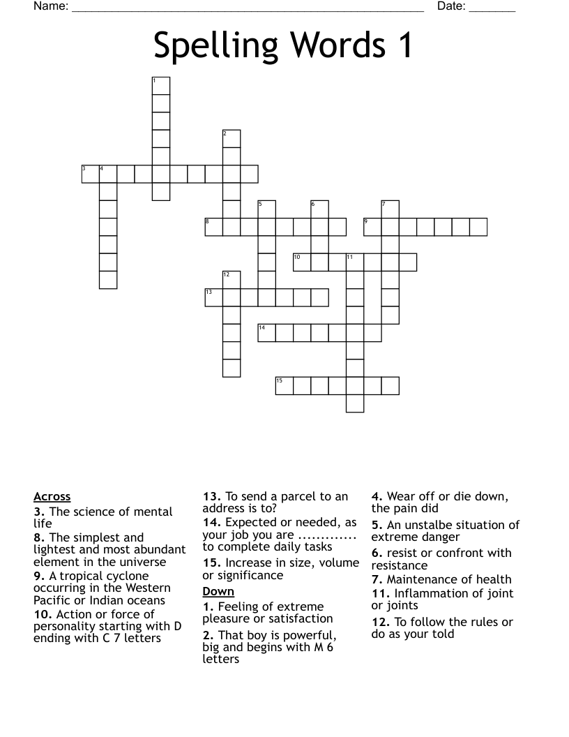 Spelling Words 1 Crossword