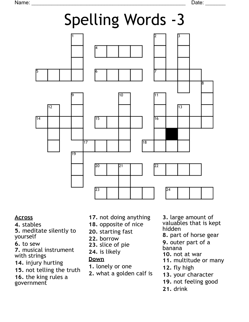 Spelling Words -3 Crossword