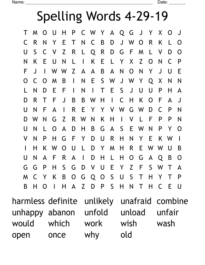 Spelling Words 4-29-19 Word Search