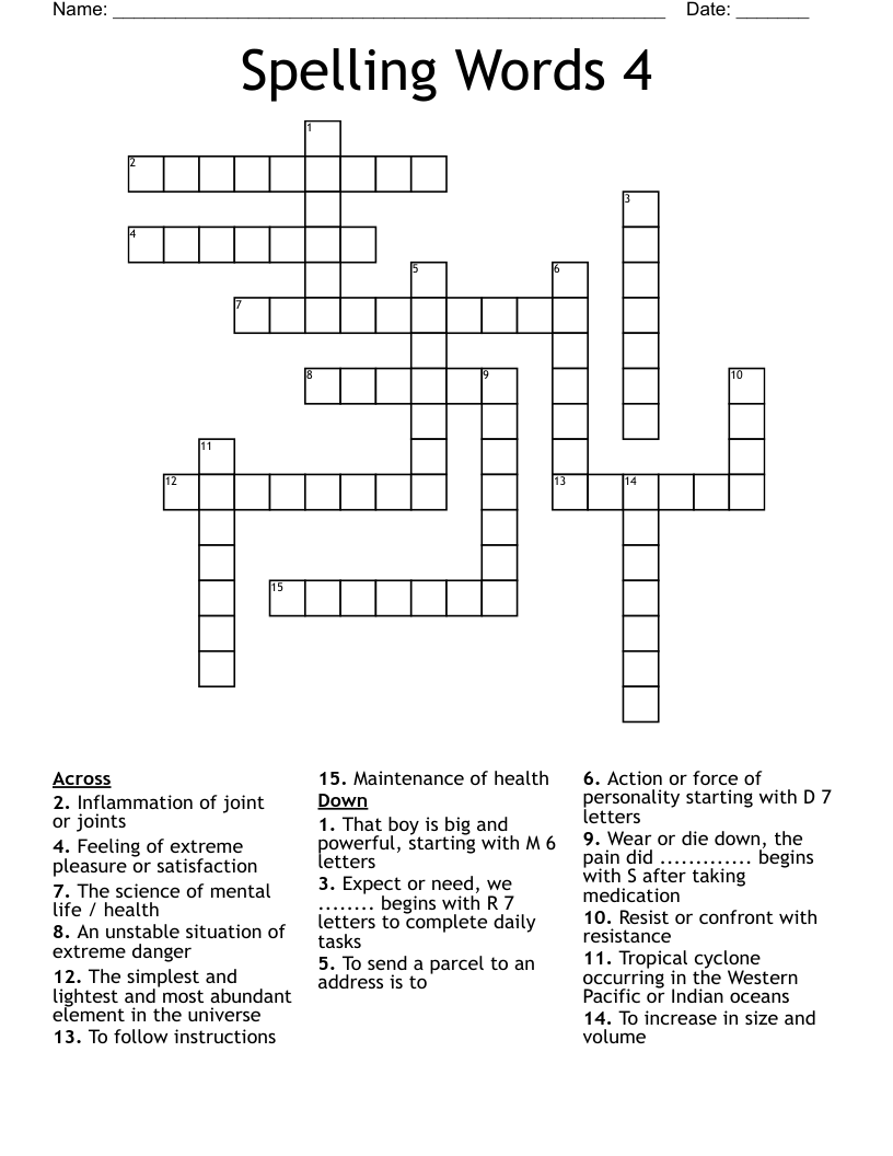 Spelling Words 4 Crossword