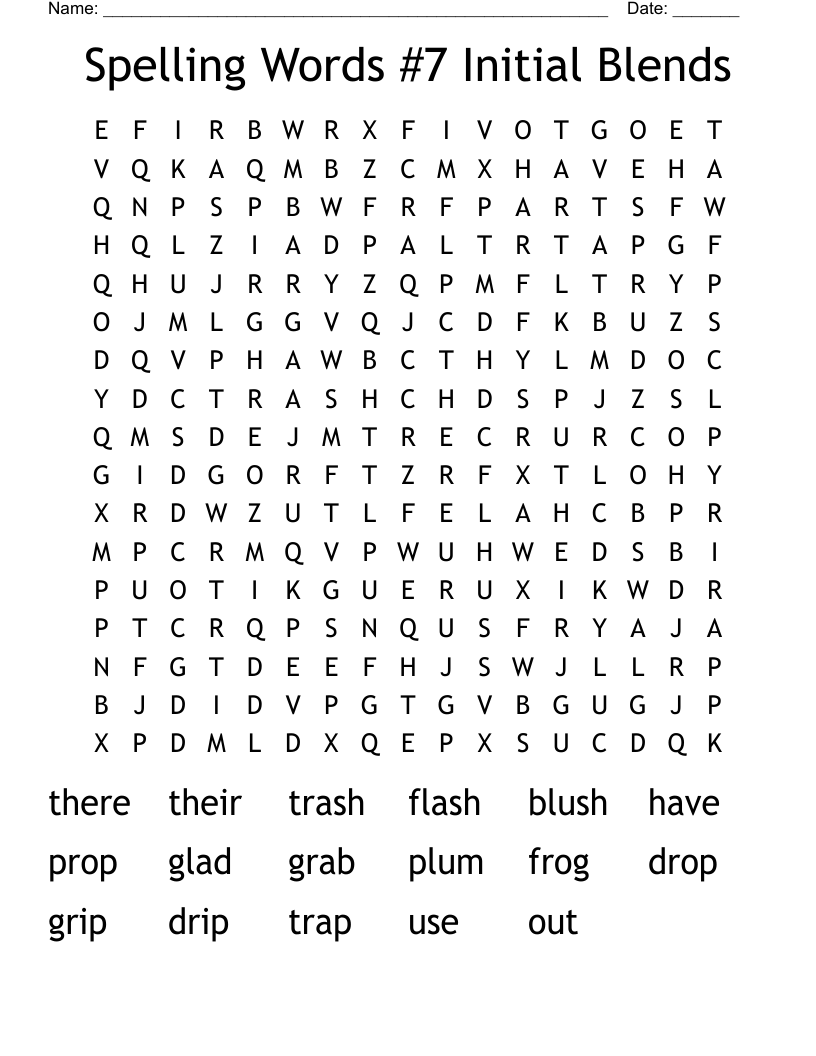 Spelling Words #7 Initial Blends Word Search