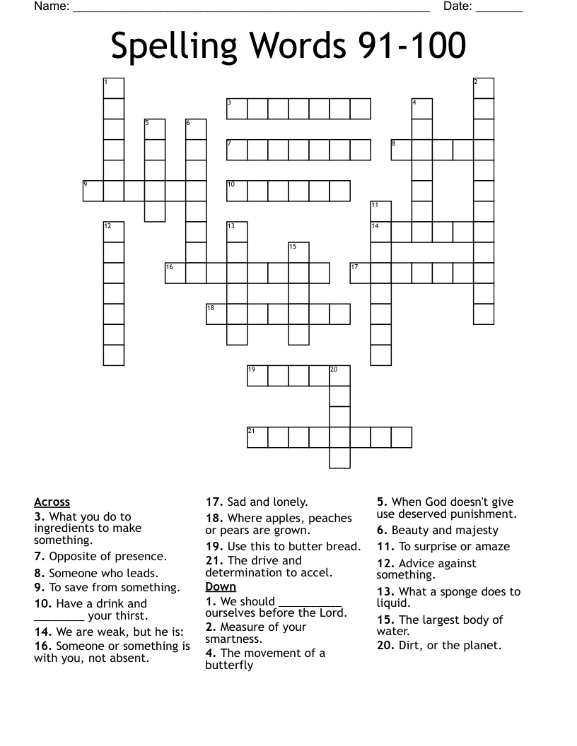 Spelling Words 91-100 Crossword