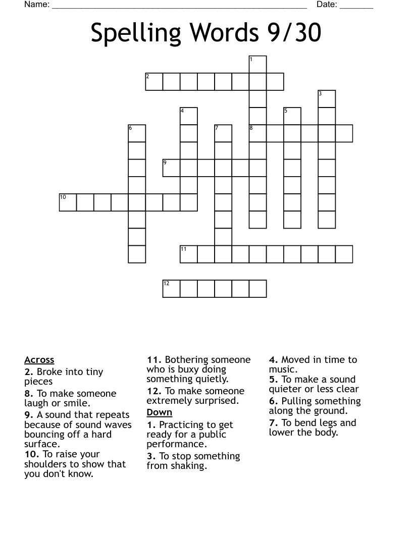 Spelling Words 9/30 Crossword