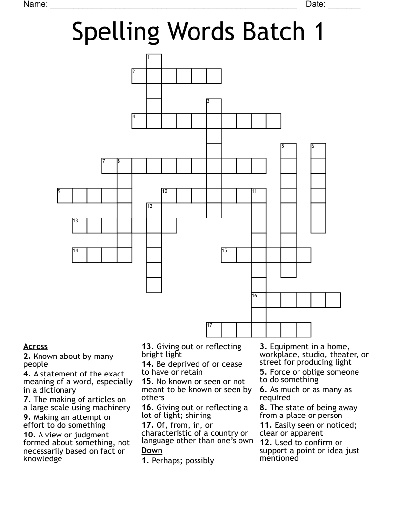 Spelling Words Batch 1 Crossword