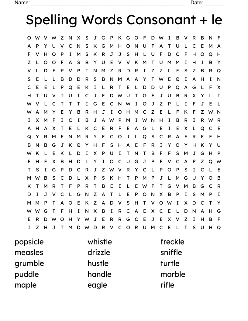 Spelling Words Consonant + le Word Search