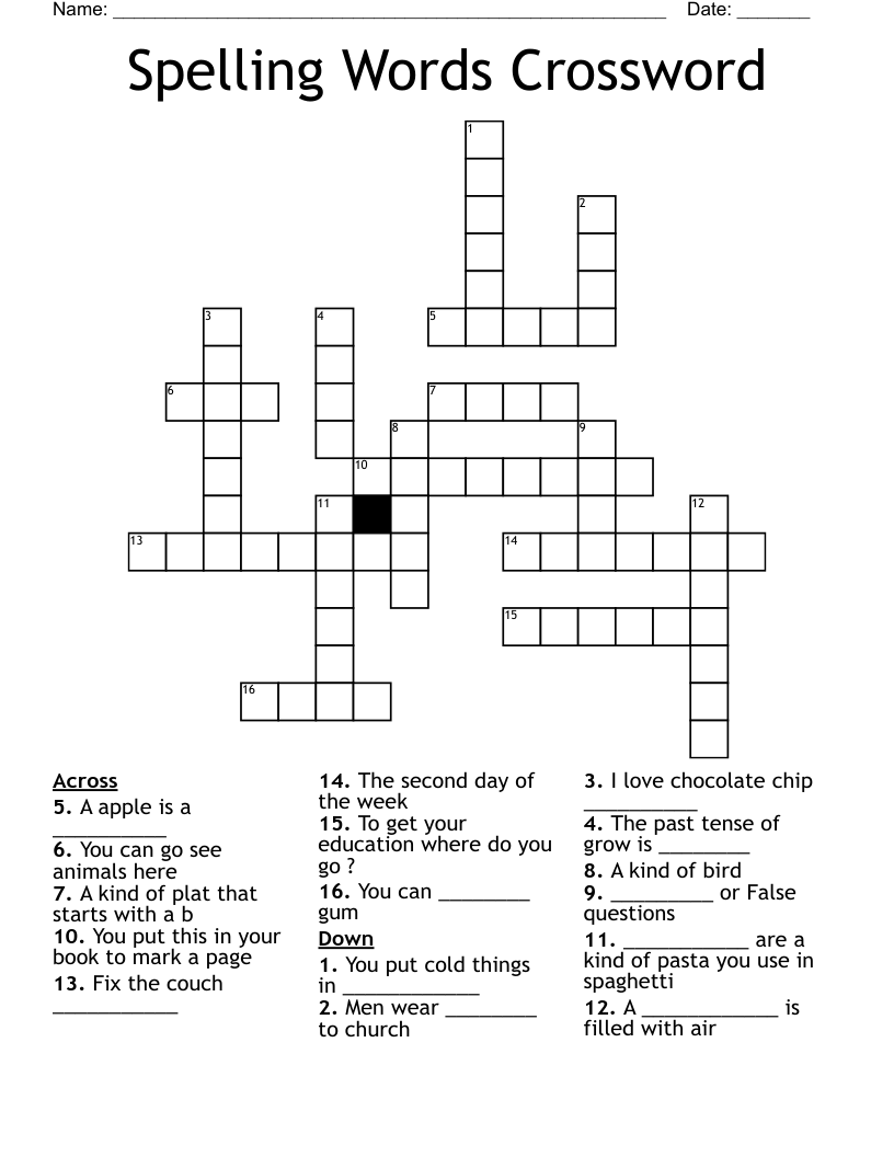 Spelling Words Crossword