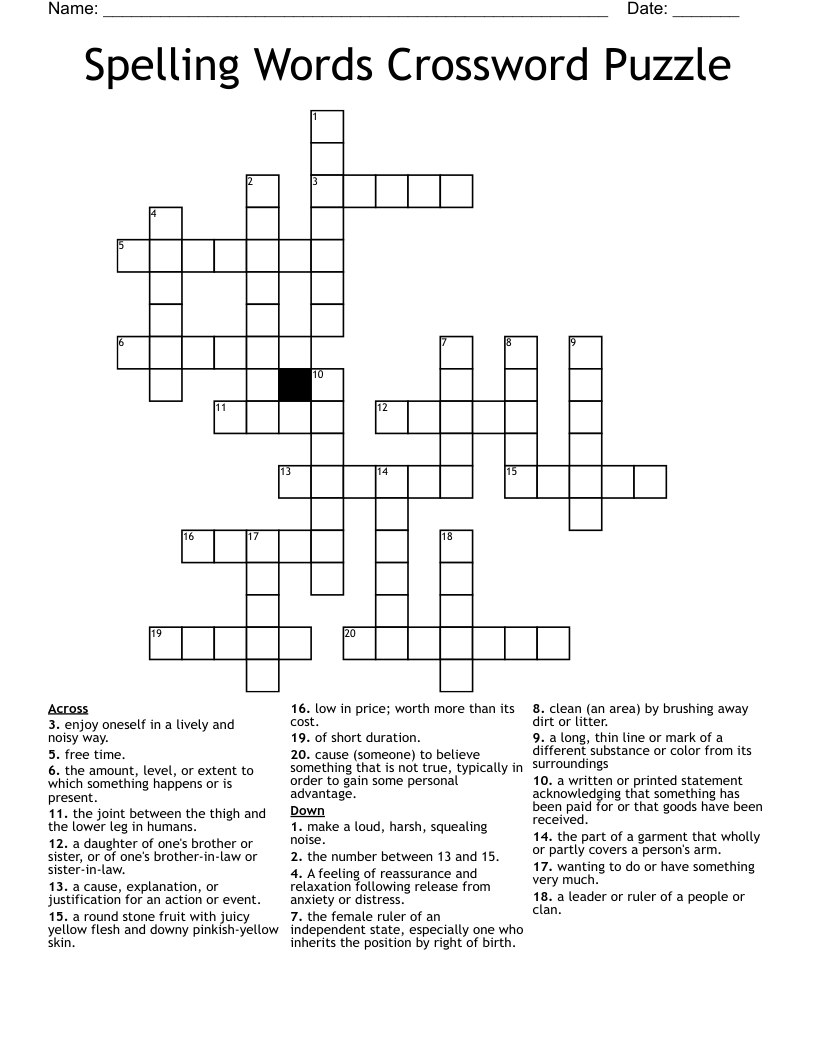 Spelling Words Crossword Puzzle