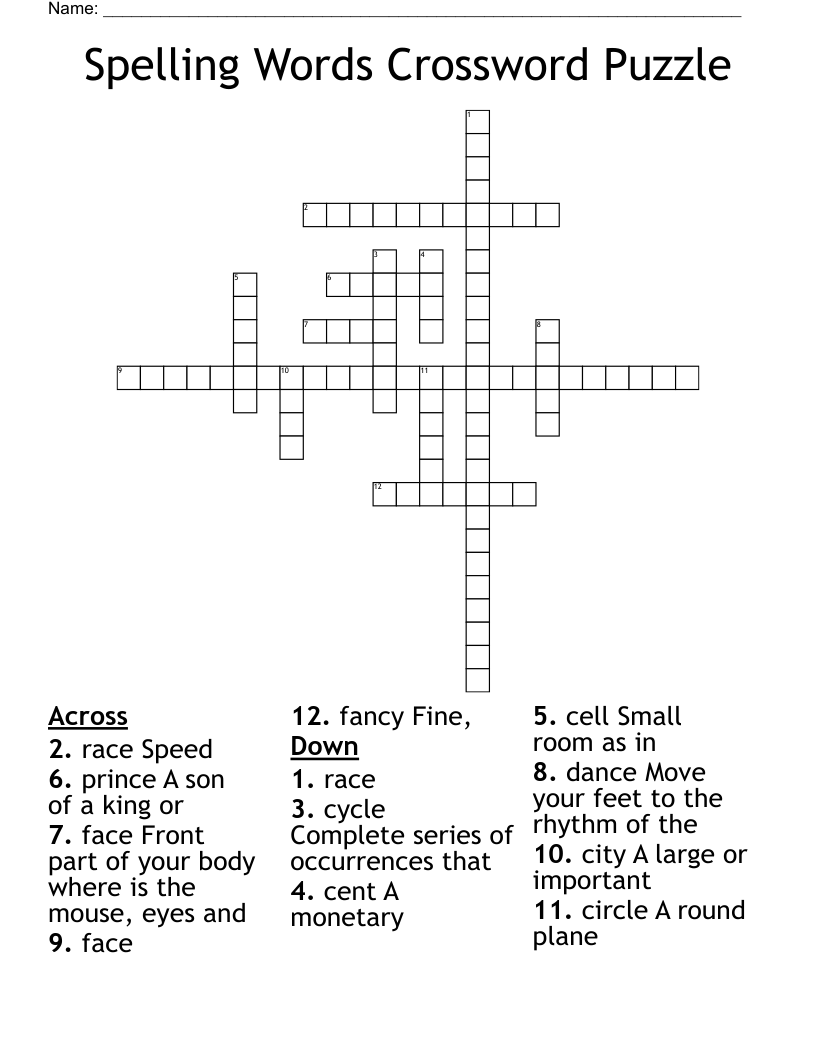 Spelling Words Crossword Puzzle