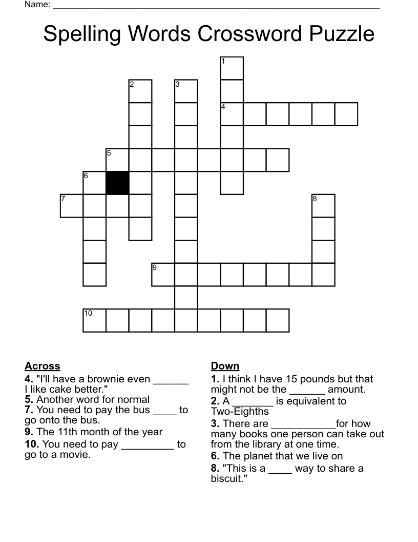 Spelling Words Crossword Puzzle