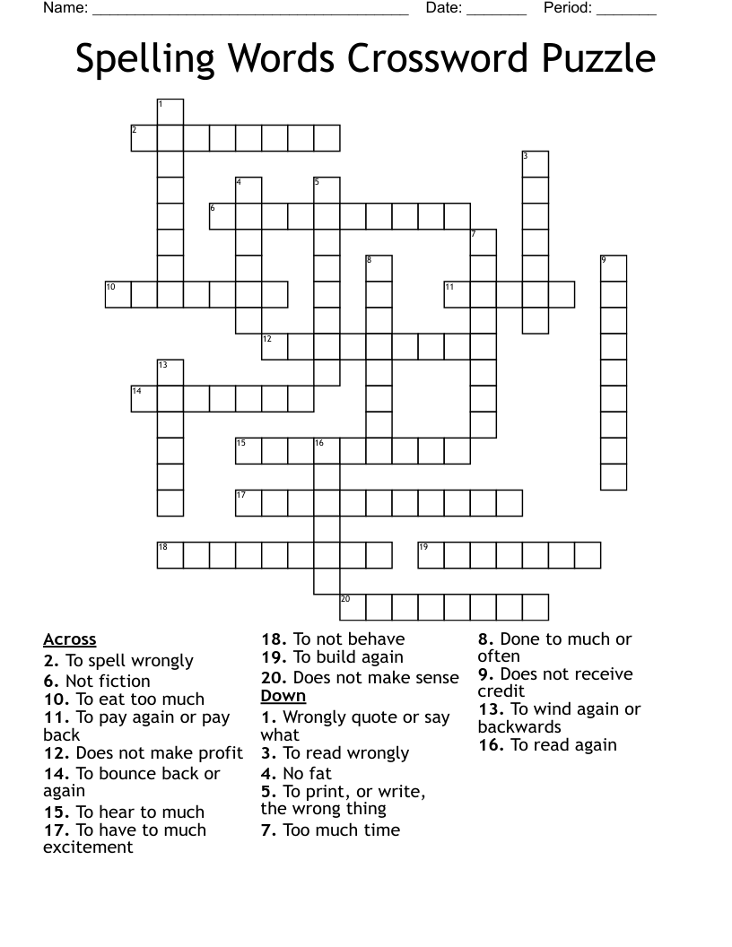 Spelling Words Crossword Puzzle