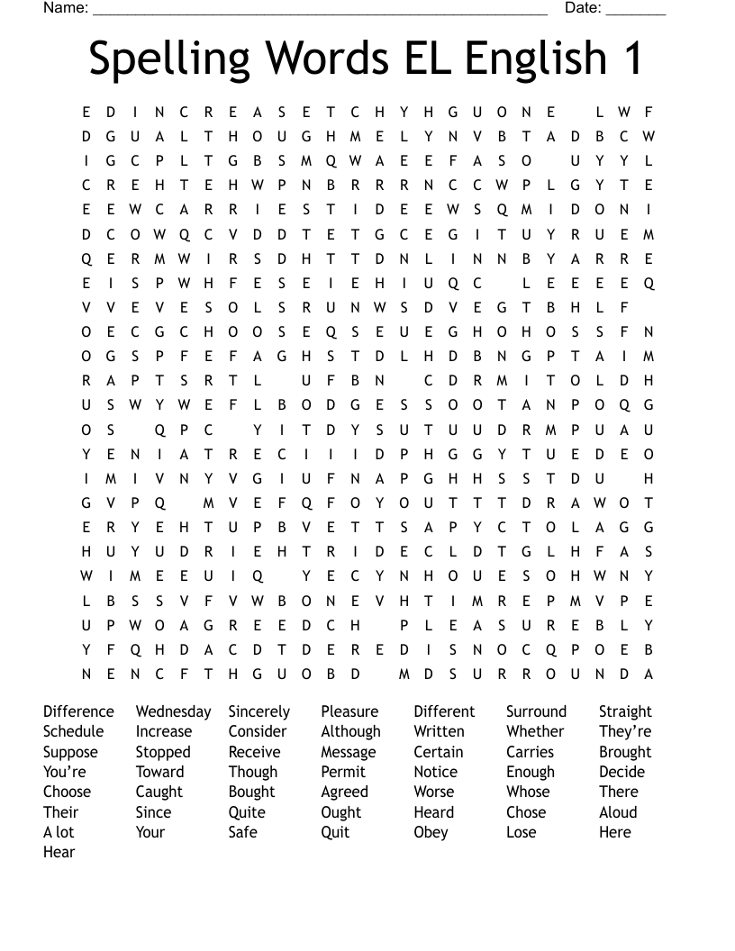 Spelling Words EL English 1 Word Search