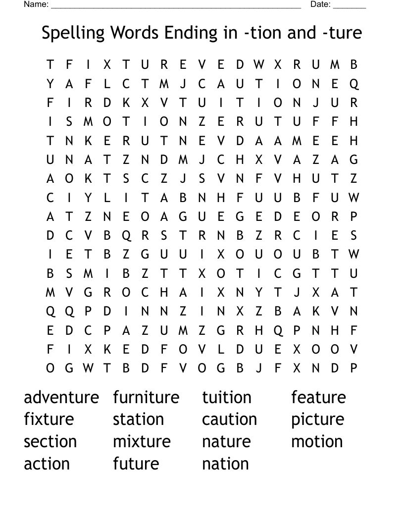Spelling Words Ending in -tion and -ture Word Search