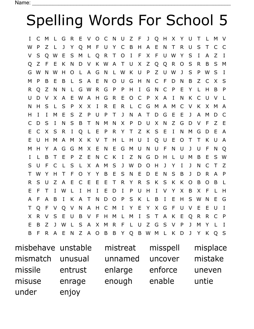 Spelling Words For School 5 Word Search