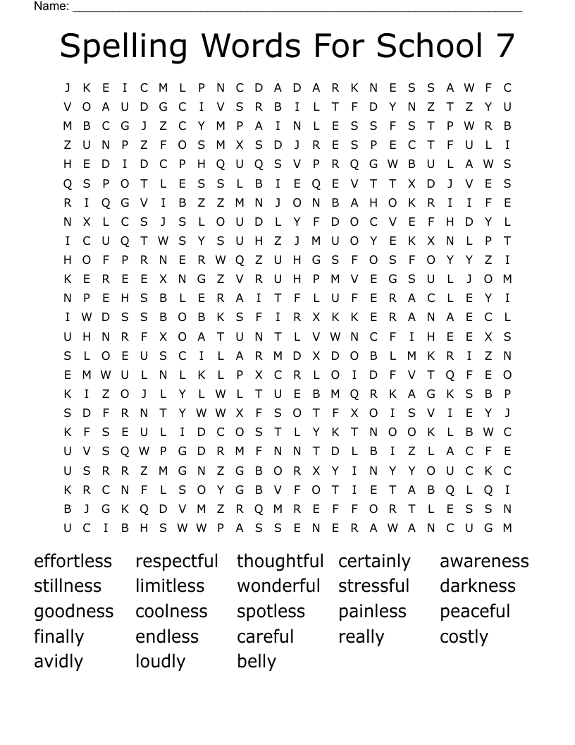 Spelling Words For School 7 Word Search