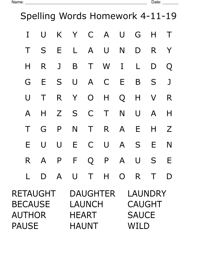 Spelling Words Homework 4-11-19 Word Search