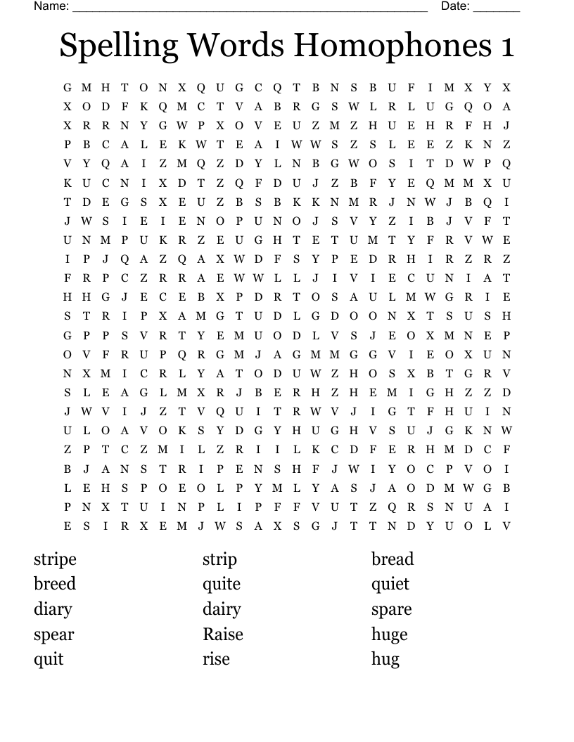 Spelling Words Homophones 1 Word Search