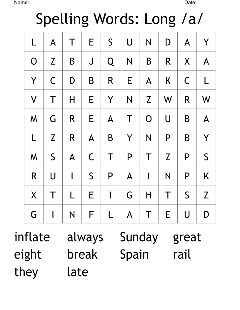 Spelling Words: Long /a/ Word Search