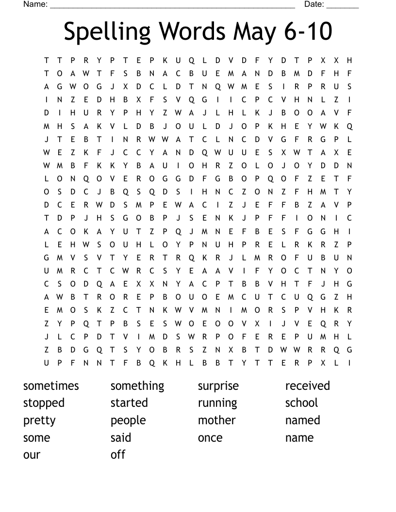 Spelling Words May 6-10 Word Search