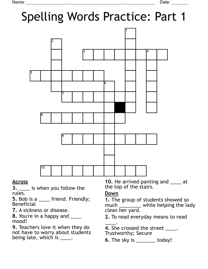 Spelling Words Practice: Part 1 Crossword