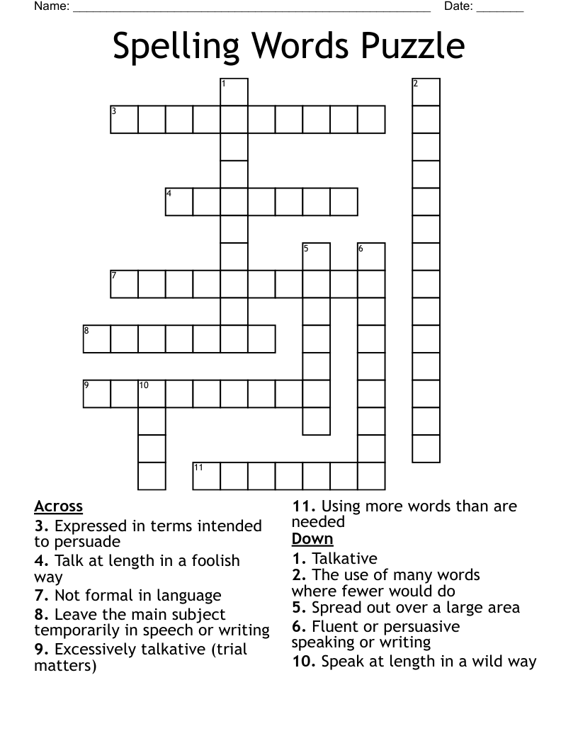 Spelling Words Puzzle Crossword