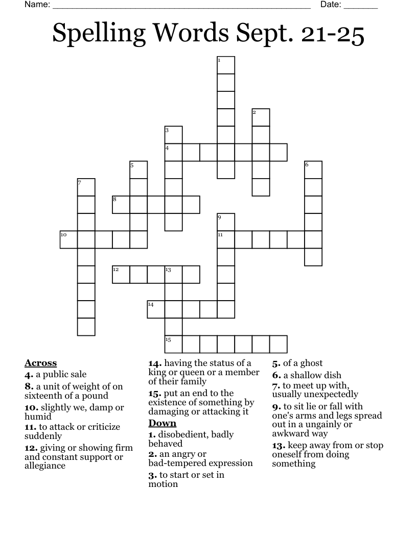Spelling Words Sept. 21-25 Crossword