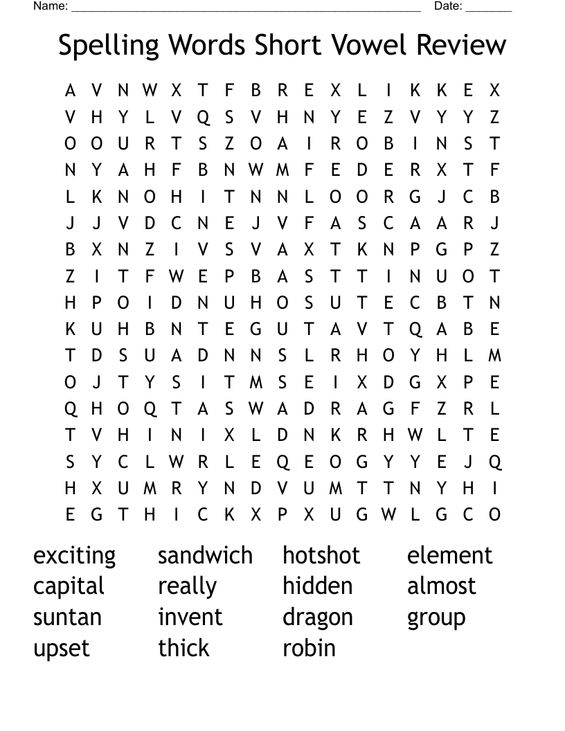 Spelling Words Short Vowel Review Word Search