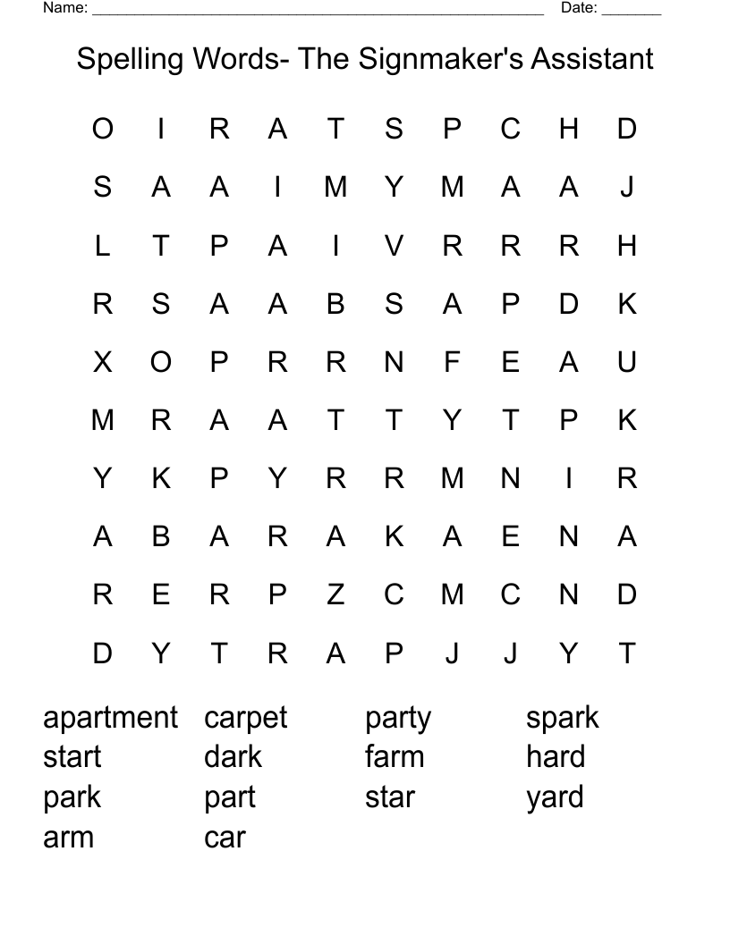 Spelling Words- The Signmaker's Assistant Word Search