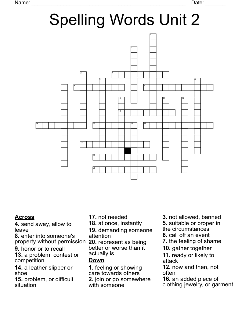 Spelling Words Unit 2 Crossword