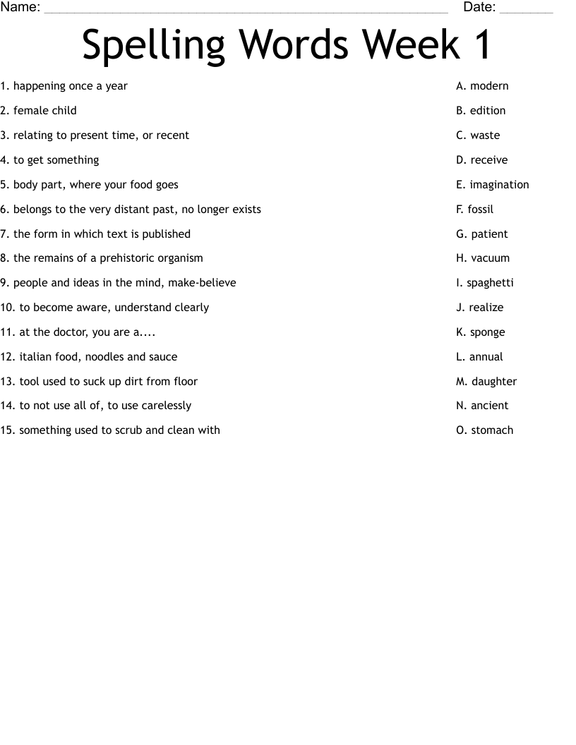 Spelling Words Week 1 Worksheet