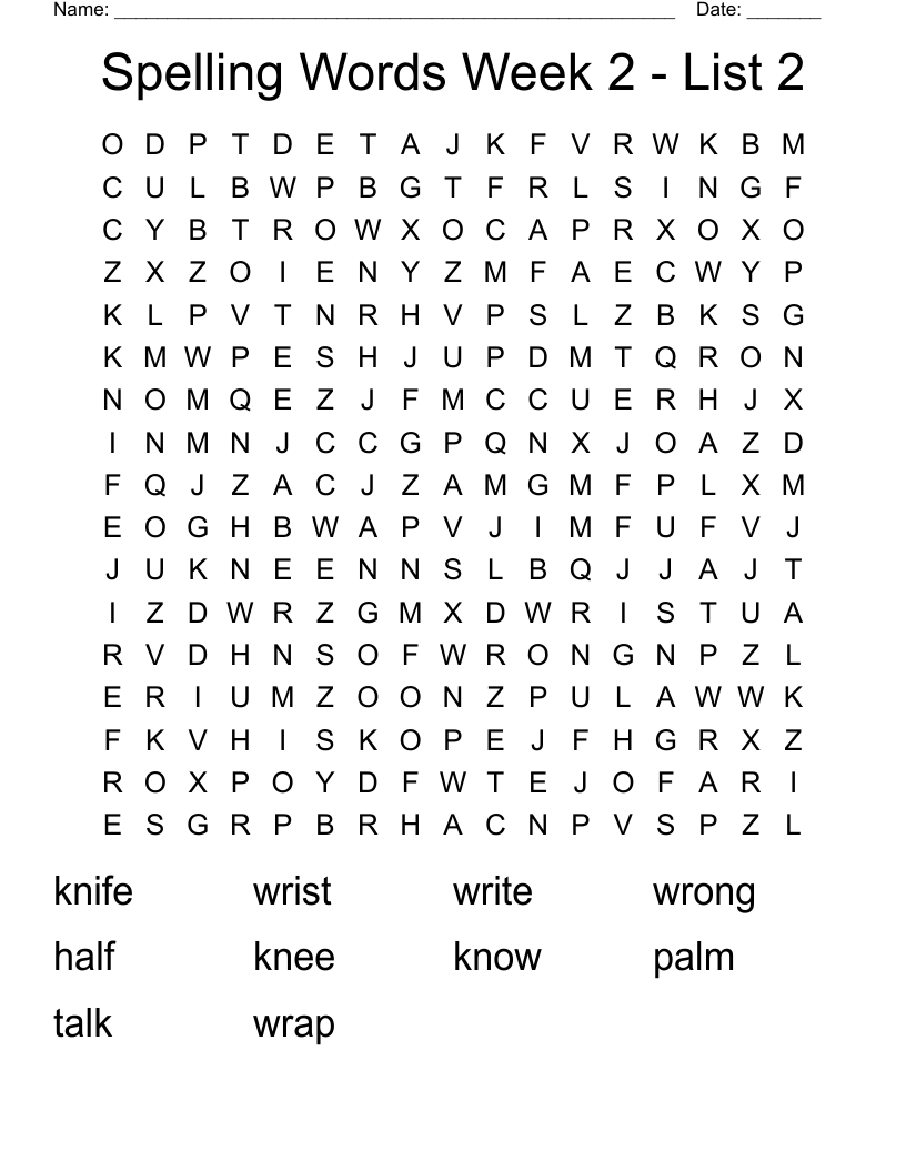 Spelling Words Week 2 -  List 2 Word Search
