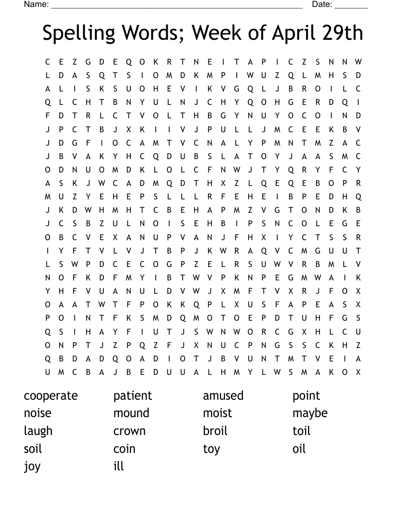 Spelling Words; Week of April 29th Word Search
