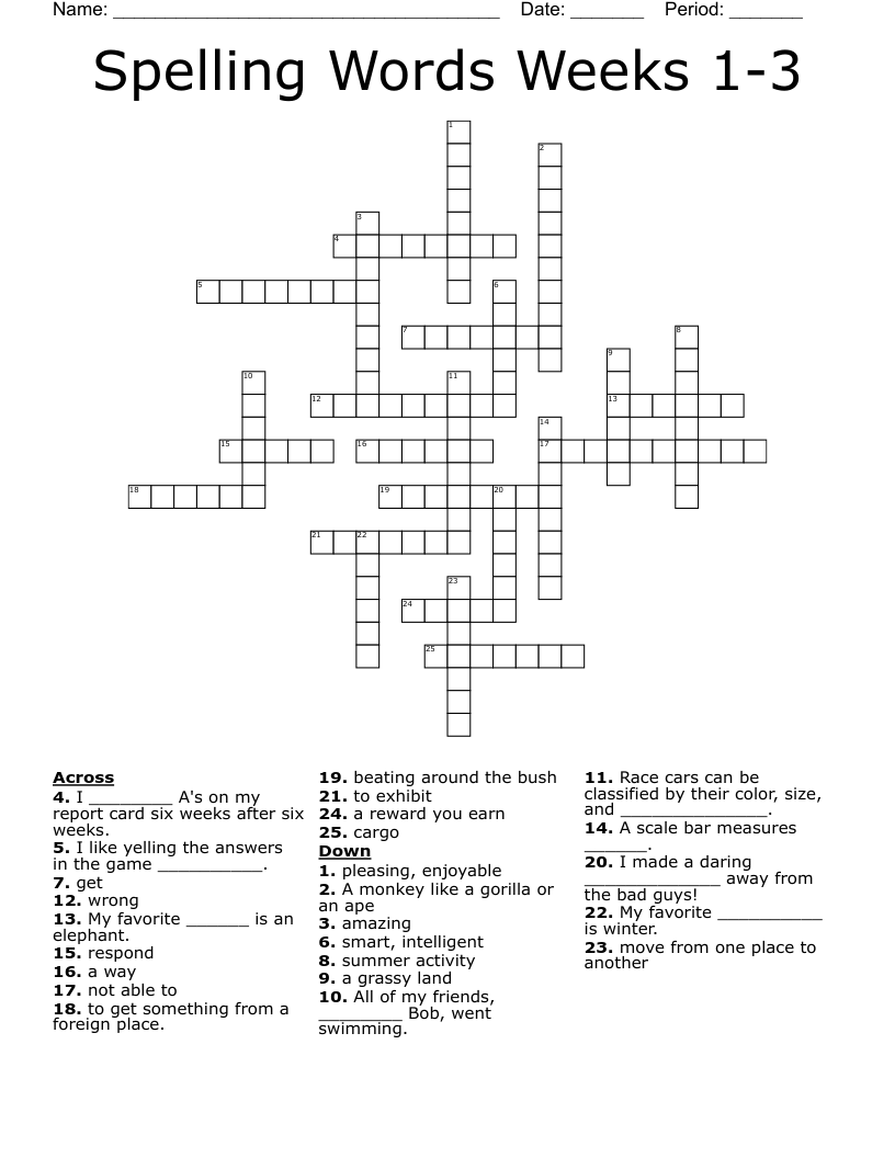 Spelling Words Weeks 1-3 Crossword