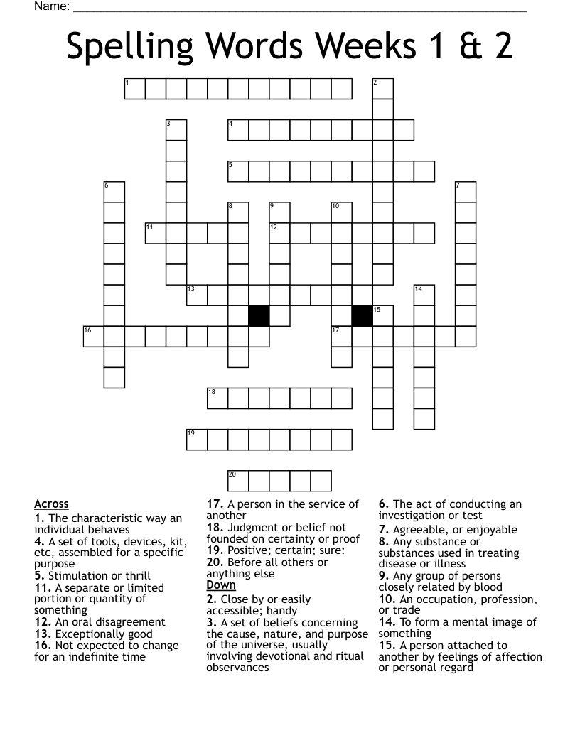 Spelling Words Weeks 1 & 2 Crossword