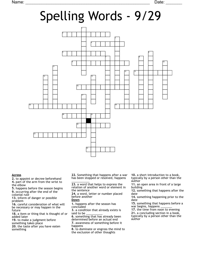 Spelling Words - 9/29 Crossword
