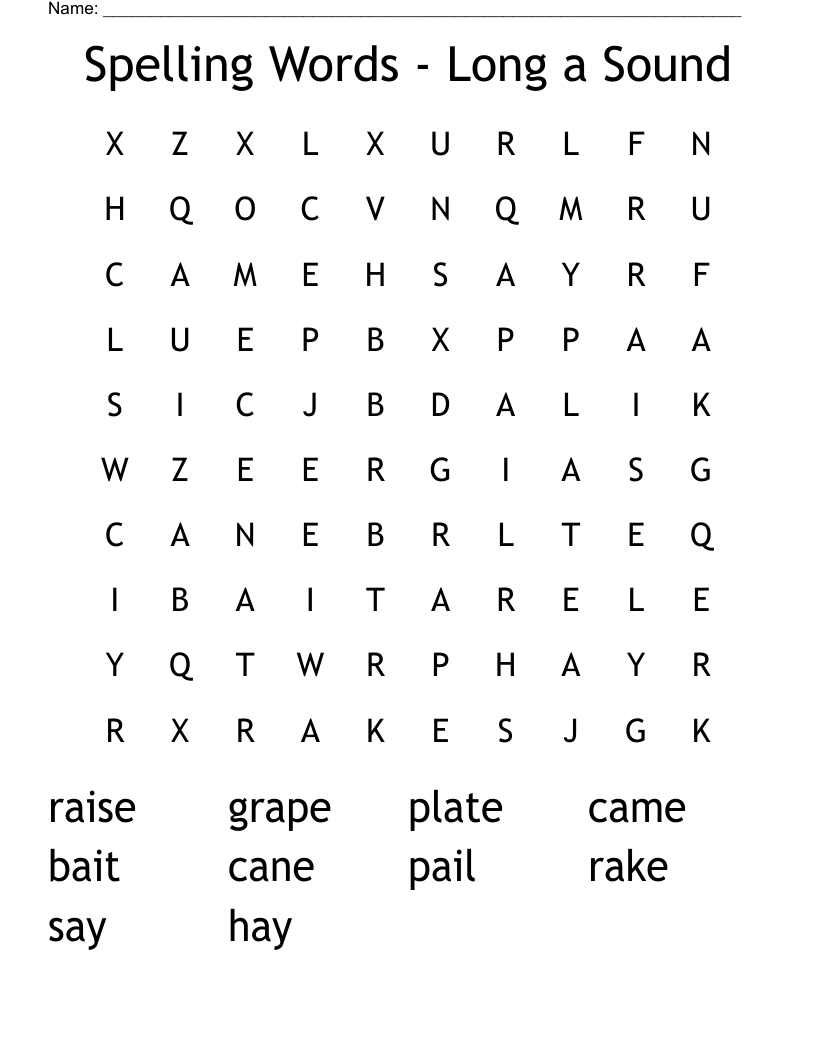 Spelling Words - Long a Sound Word Search