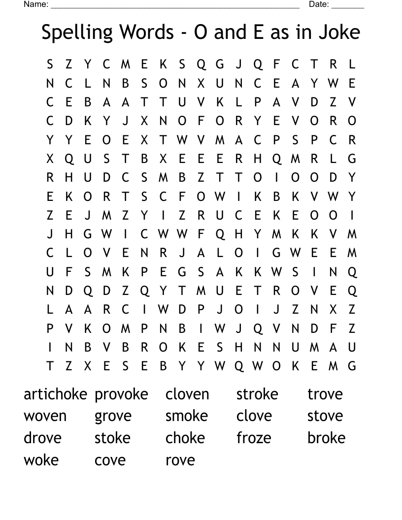 Spelling Words - O and E as in Joke Word Search